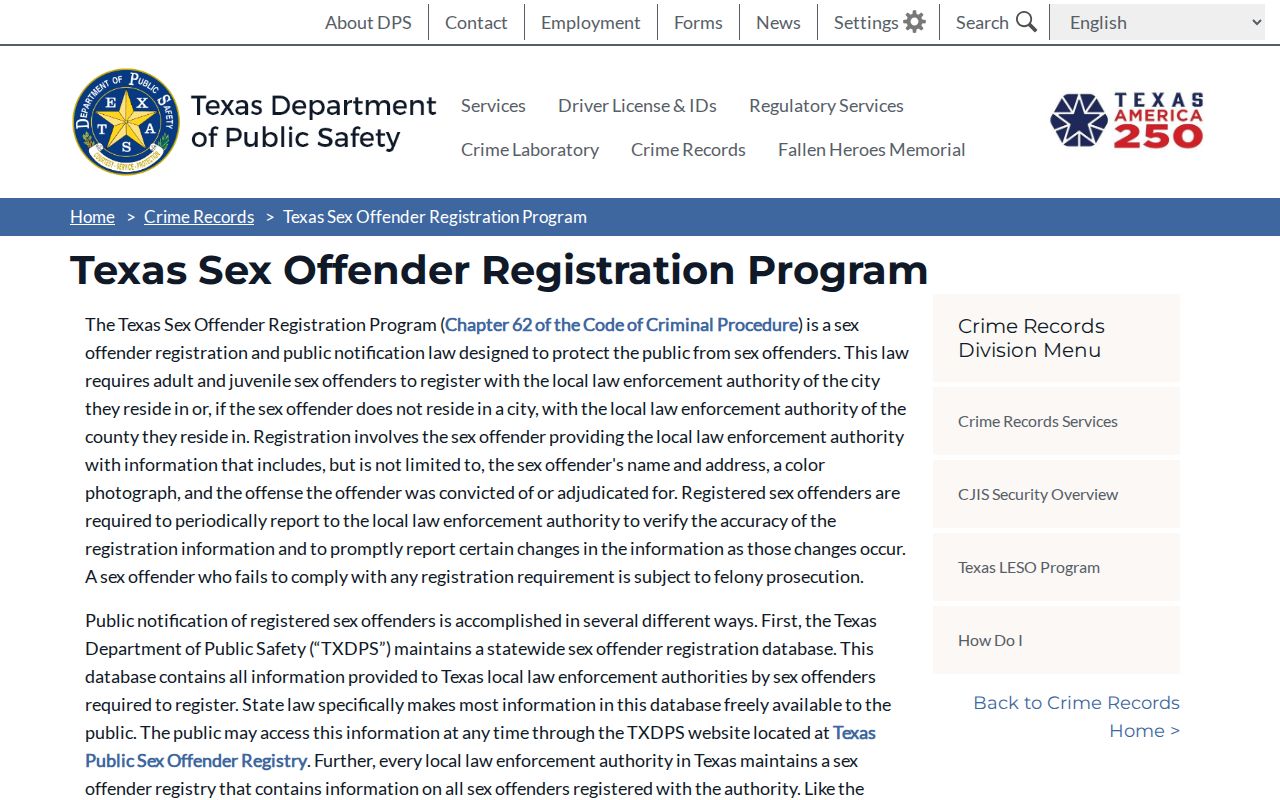 Sterling County sex offender registration program information from DPS