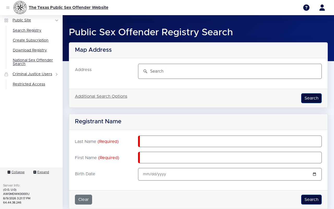 Sterling County sex offender registry search form