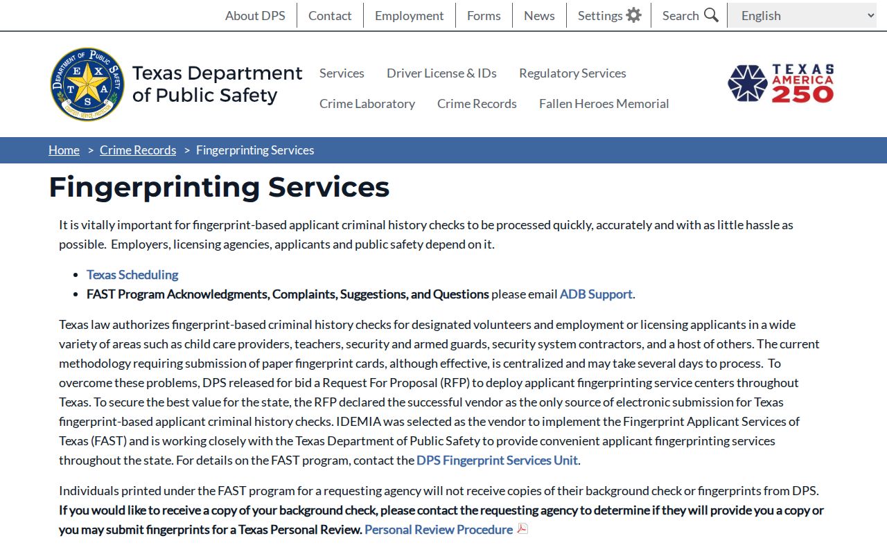 Sterling County criminal history FAST fingerprint review instructions